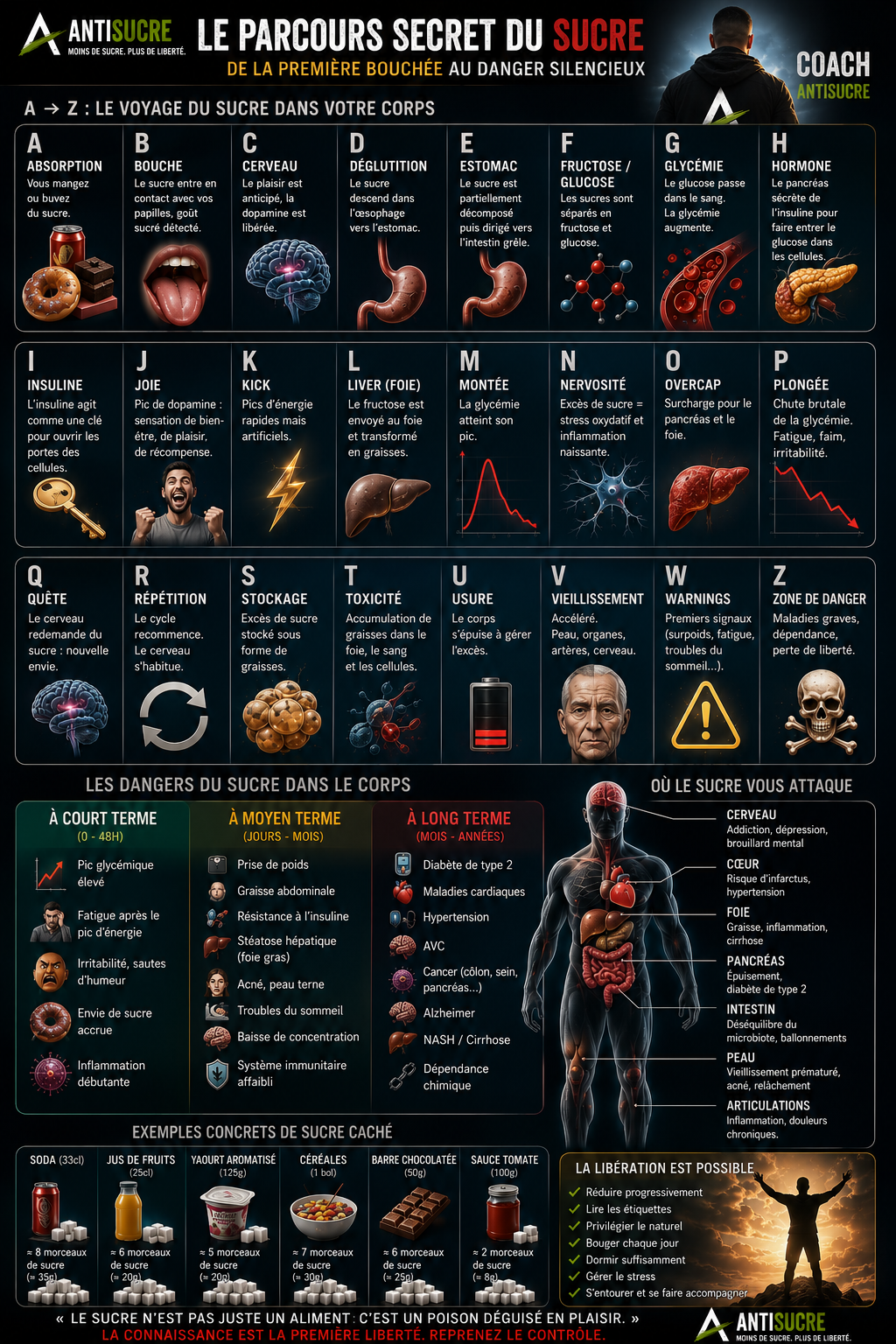 Infographie éducative : le parcours A à Z du sucre dans le corps, ses dangers à court, moyen et long terme, et où il attaque l'organisme