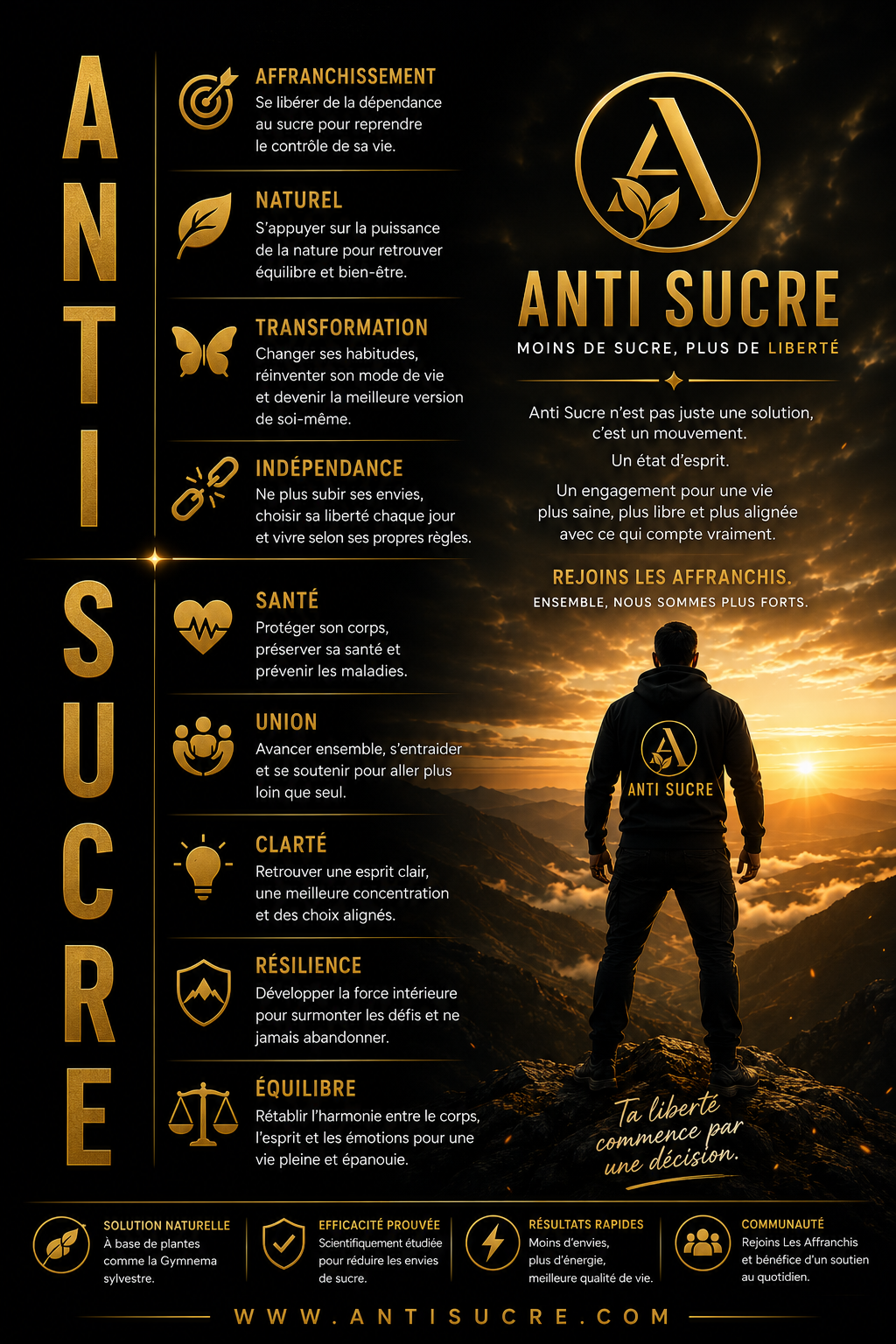 Les 9 piliers d'Anti Sucre — Affranchissement, naturel, transformation, indépendance, santé, union, clarté, résilience, équilibre. Ta liberté commence par une décision.